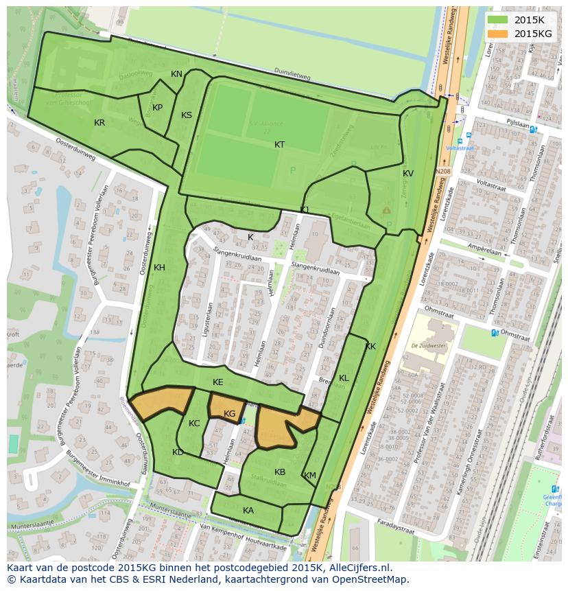 Afbeelding van het postcodegebied 2015 KG op de kaart.