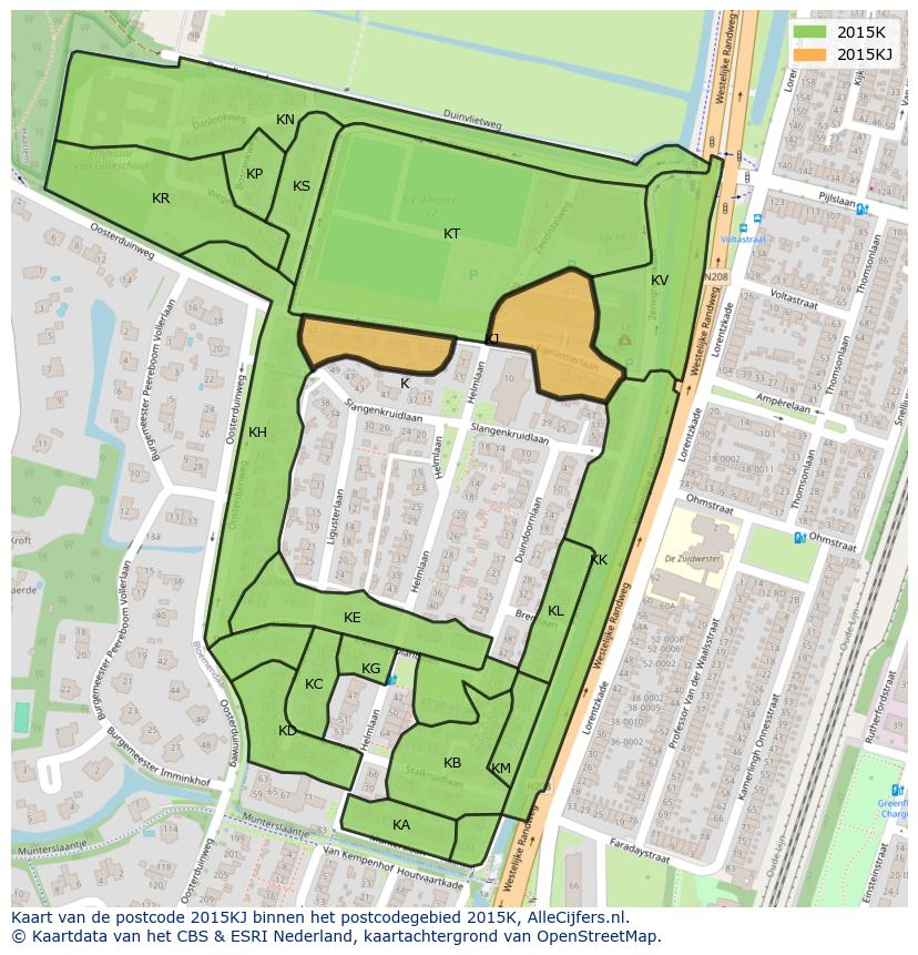 Afbeelding van het postcodegebied 2015 KJ op de kaart.