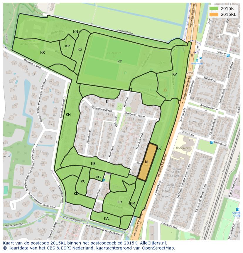 Afbeelding van het postcodegebied 2015 KL op de kaart.