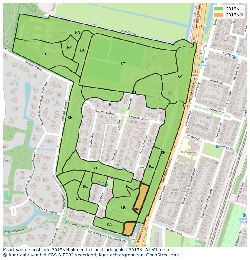 Afbeelding van het postcodegebied 2015 KM op de kaart.
