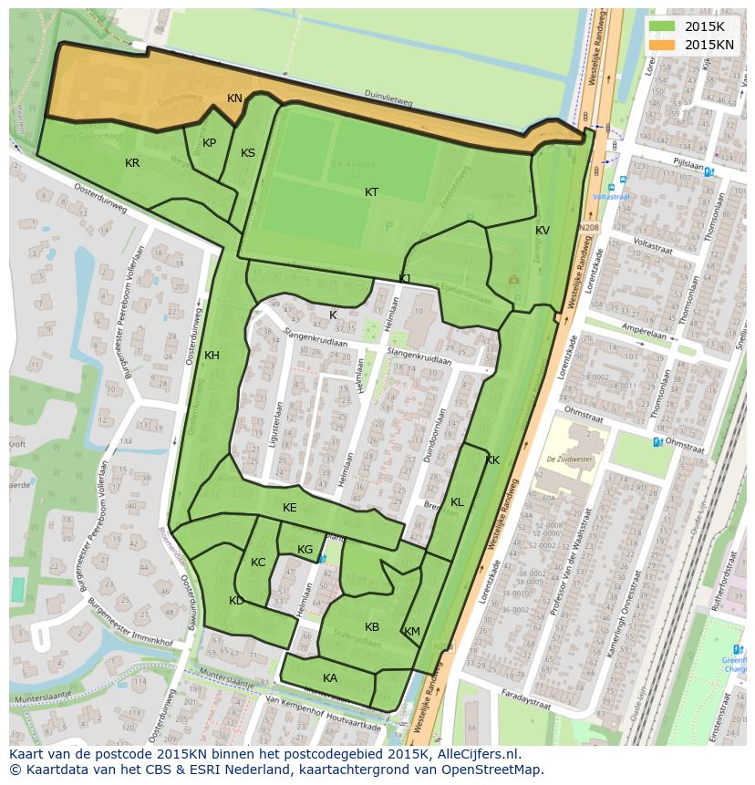 Afbeelding van het postcodegebied 2015 KN op de kaart.