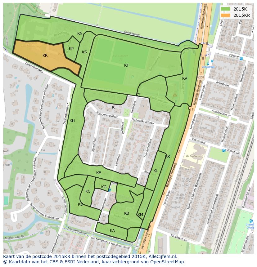 Afbeelding van het postcodegebied 2015 KR op de kaart.