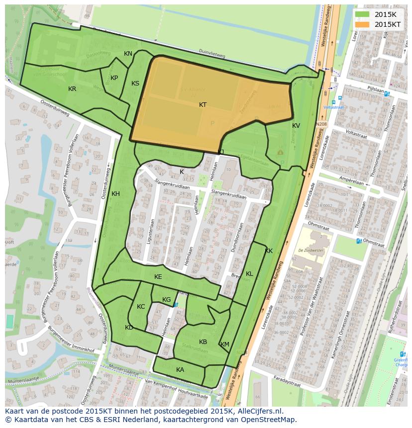 Afbeelding van het postcodegebied 2015 KT op de kaart.