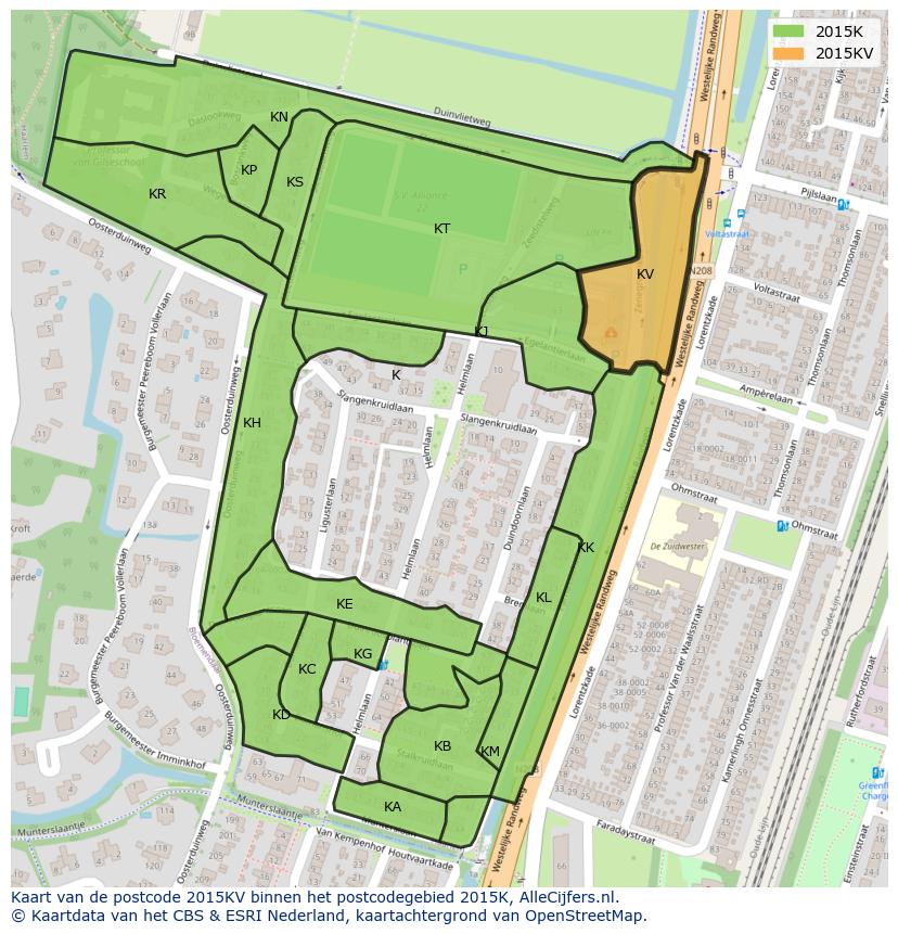 Afbeelding van het postcodegebied 2015 KV op de kaart.