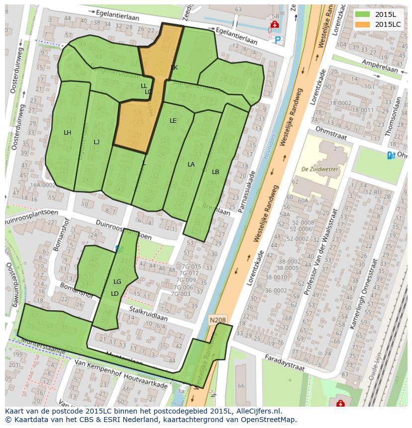 Afbeelding van het postcodegebied 2015 LC op de kaart.