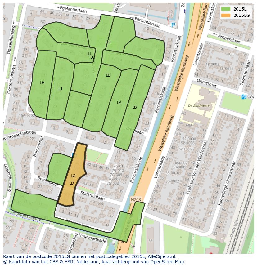 Afbeelding van het postcodegebied 2015 LG op de kaart.