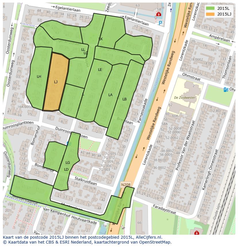 Afbeelding van het postcodegebied 2015 LJ op de kaart.