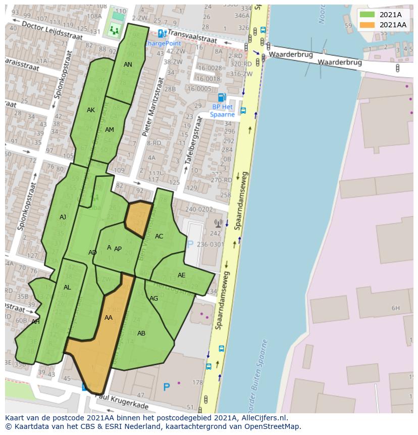 Afbeelding van het postcodegebied 2021 AA op de kaart.