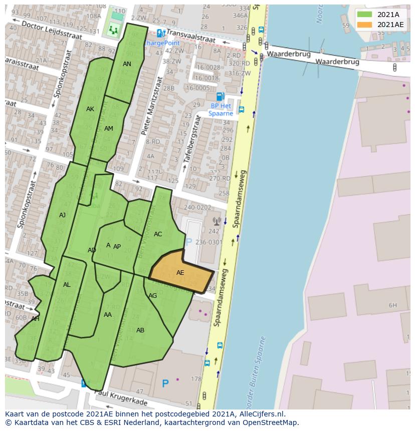 Afbeelding van het postcodegebied 2021 AE op de kaart.