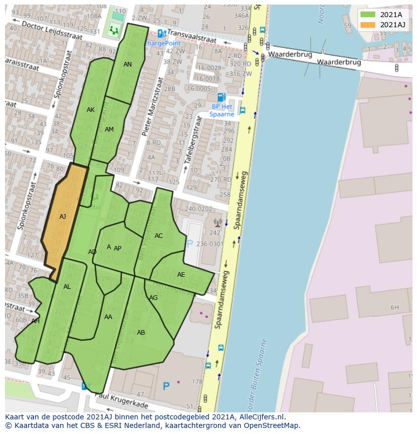 Afbeelding van het postcodegebied 2021 AJ op de kaart.