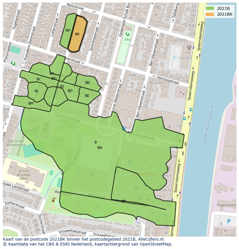 Afbeelding van het postcodegebied 2021 BK op de kaart.