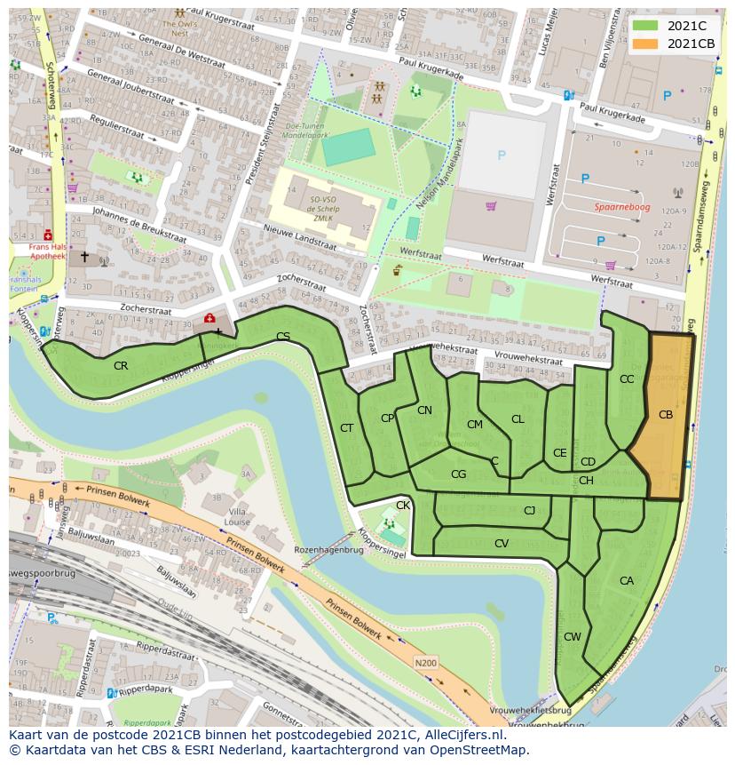 Afbeelding van het postcodegebied 2021 CB op de kaart.