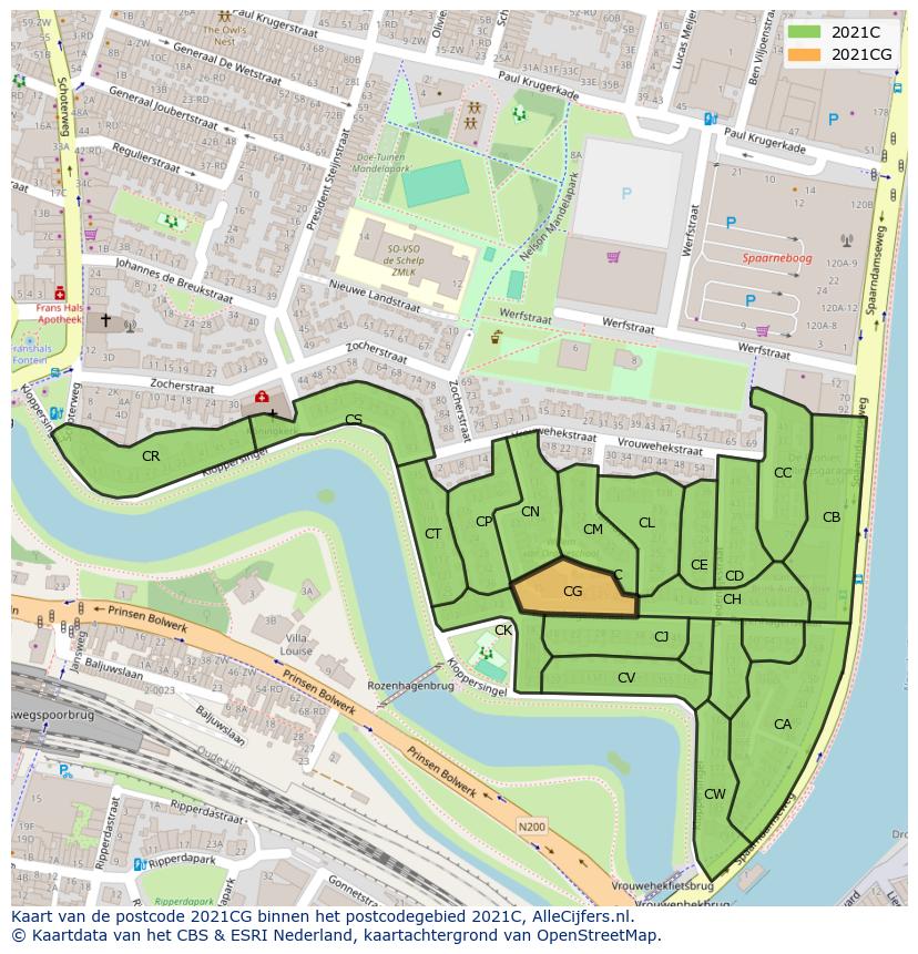 Afbeelding van het postcodegebied 2021 CG op de kaart.