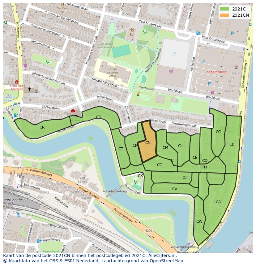 Afbeelding van het postcodegebied 2021 CN op de kaart.