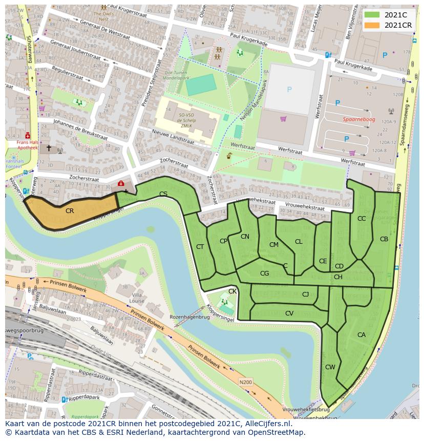 Afbeelding van het postcodegebied 2021 CR op de kaart.