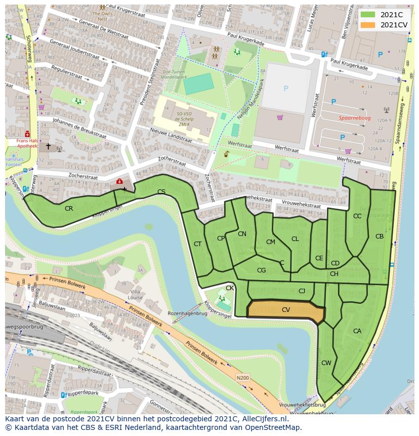 Afbeelding van het postcodegebied 2021 CV op de kaart.