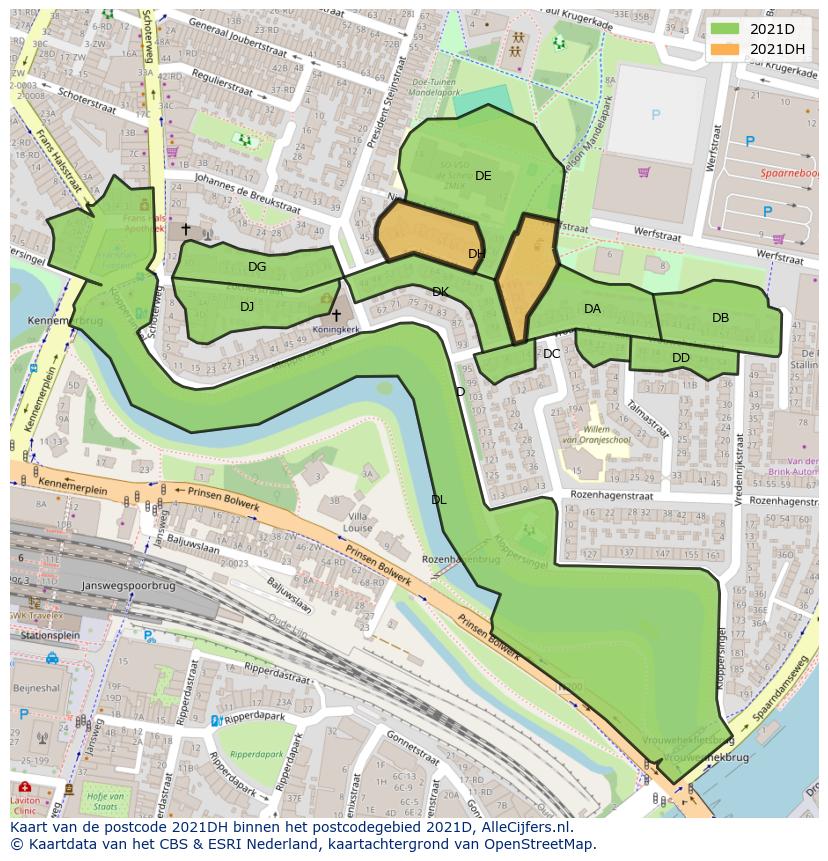 Afbeelding van het postcodegebied 2021 DH op de kaart.