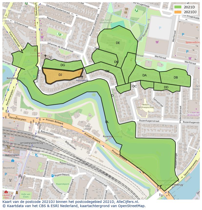 Afbeelding van het postcodegebied 2021 DJ op de kaart.
