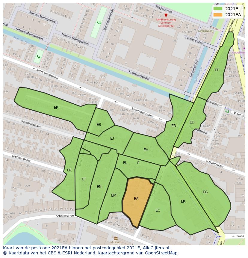 Afbeelding van het postcodegebied 2021 EA op de kaart.