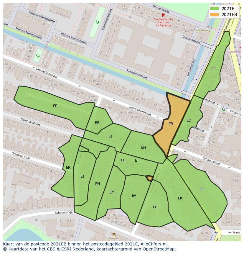 Afbeelding van het postcodegebied 2021 EB op de kaart.