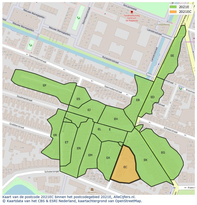 Afbeelding van het postcodegebied 2021 EC op de kaart.