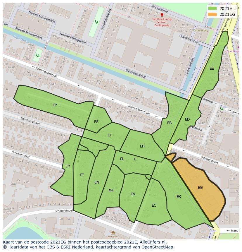Afbeelding van het postcodegebied 2021 EG op de kaart.