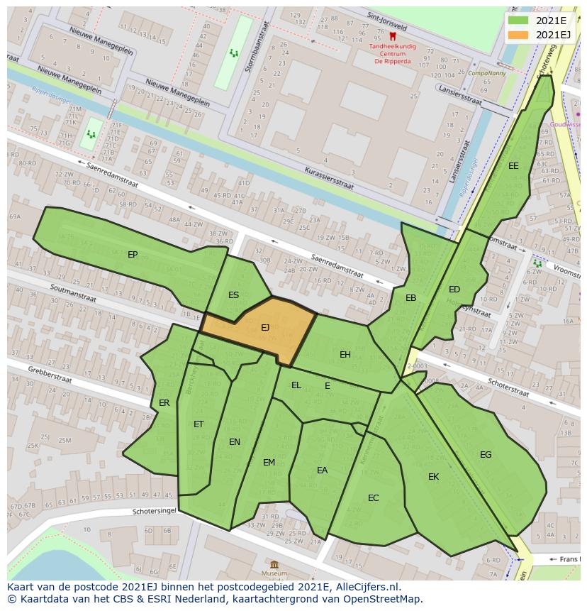 Afbeelding van het postcodegebied 2021 EJ op de kaart.