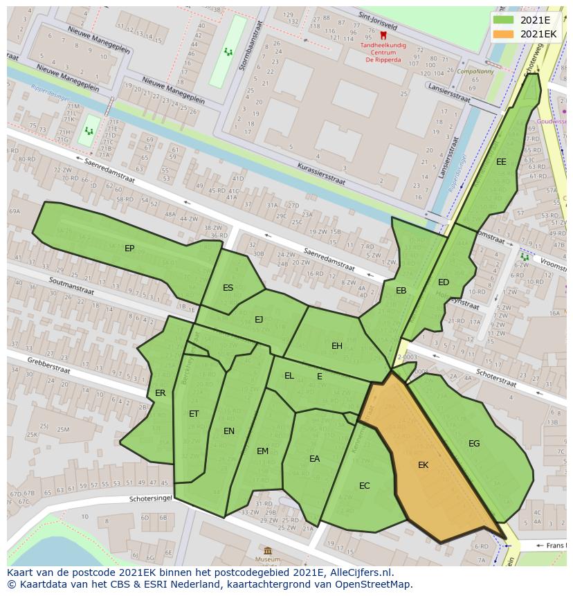 Afbeelding van het postcodegebied 2021 EK op de kaart.