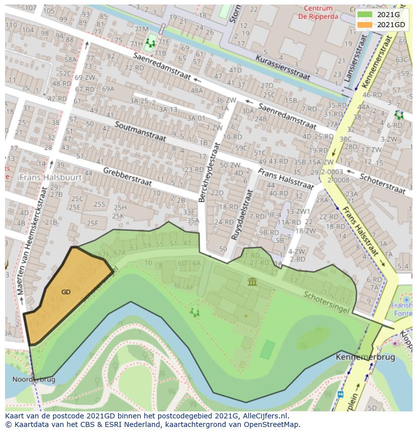 Afbeelding van het postcodegebied 2021 GD op de kaart.