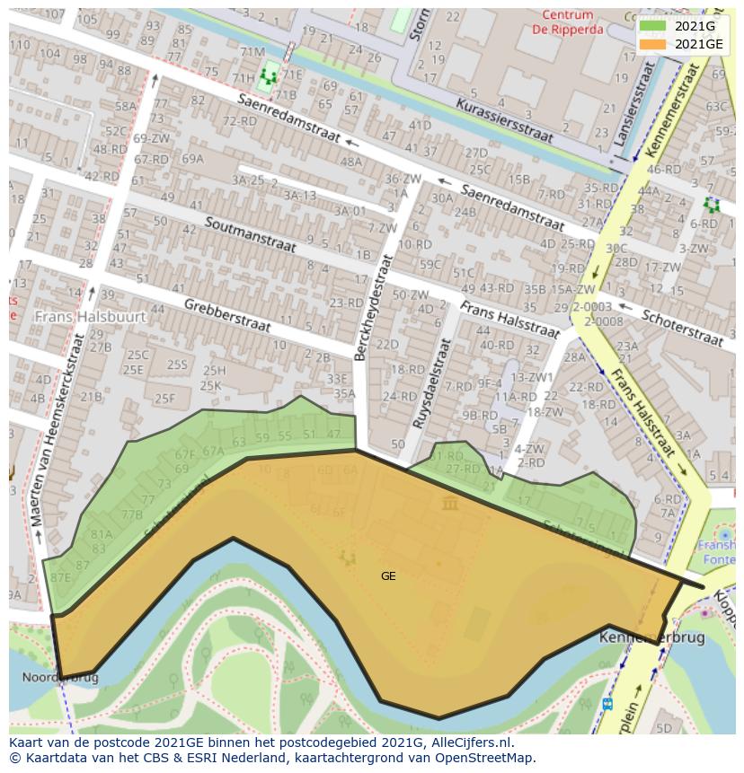 Afbeelding van het postcodegebied 2021 GE op de kaart.