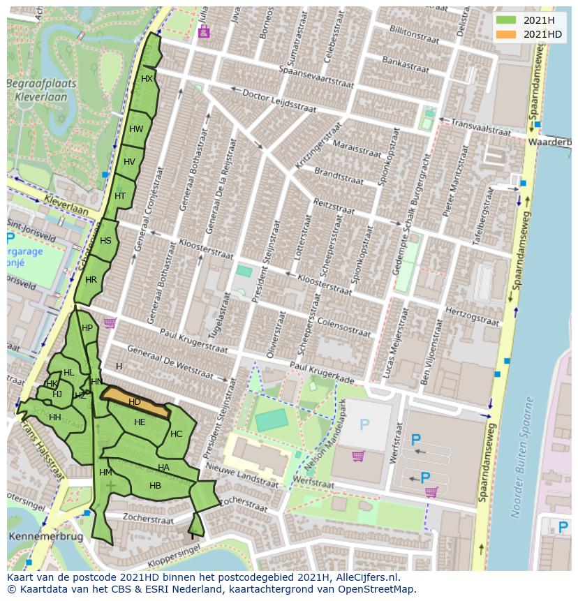 Afbeelding van het postcodegebied 2021 HD op de kaart.