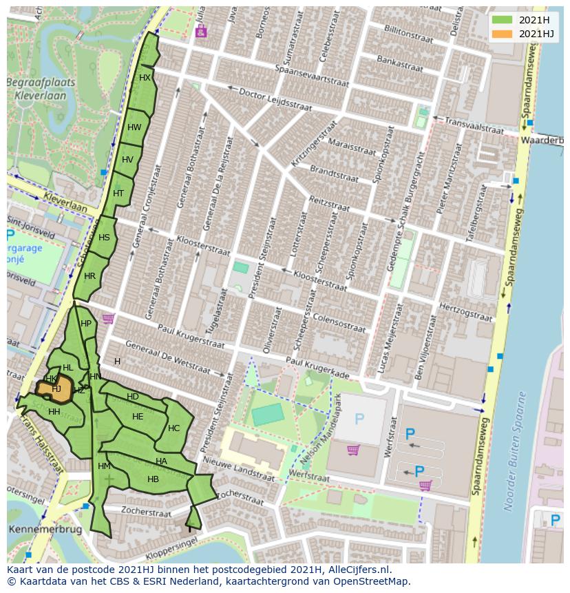 Afbeelding van het postcodegebied 2021 HJ op de kaart.