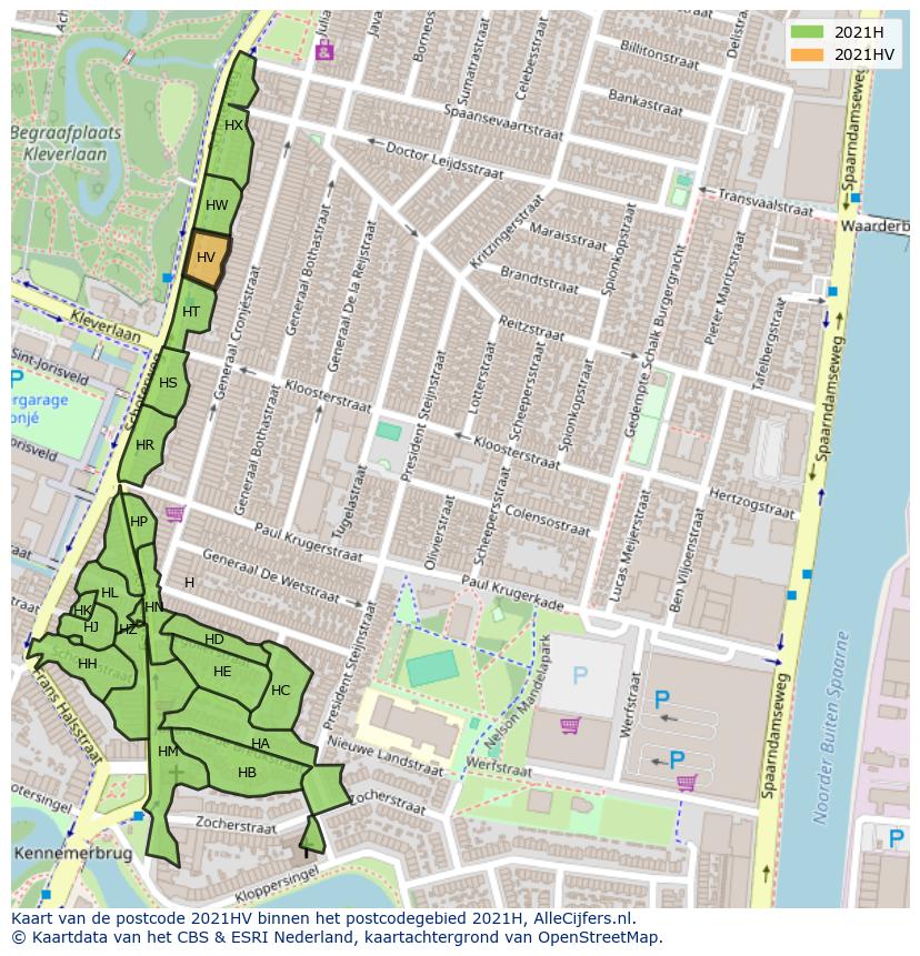 Afbeelding van het postcodegebied 2021 HV op de kaart.