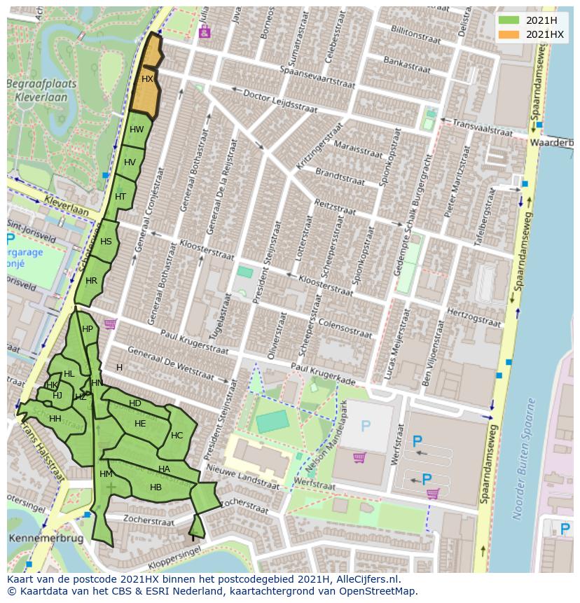 Afbeelding van het postcodegebied 2021 HX op de kaart.