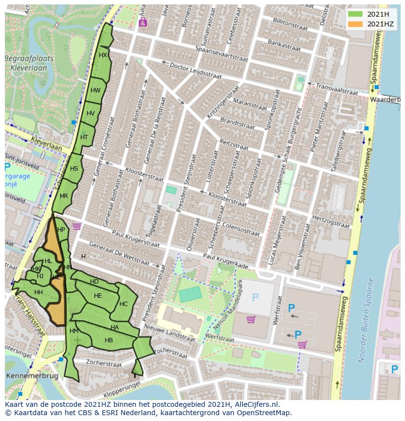 Afbeelding van het postcodegebied 2021 HZ op de kaart.