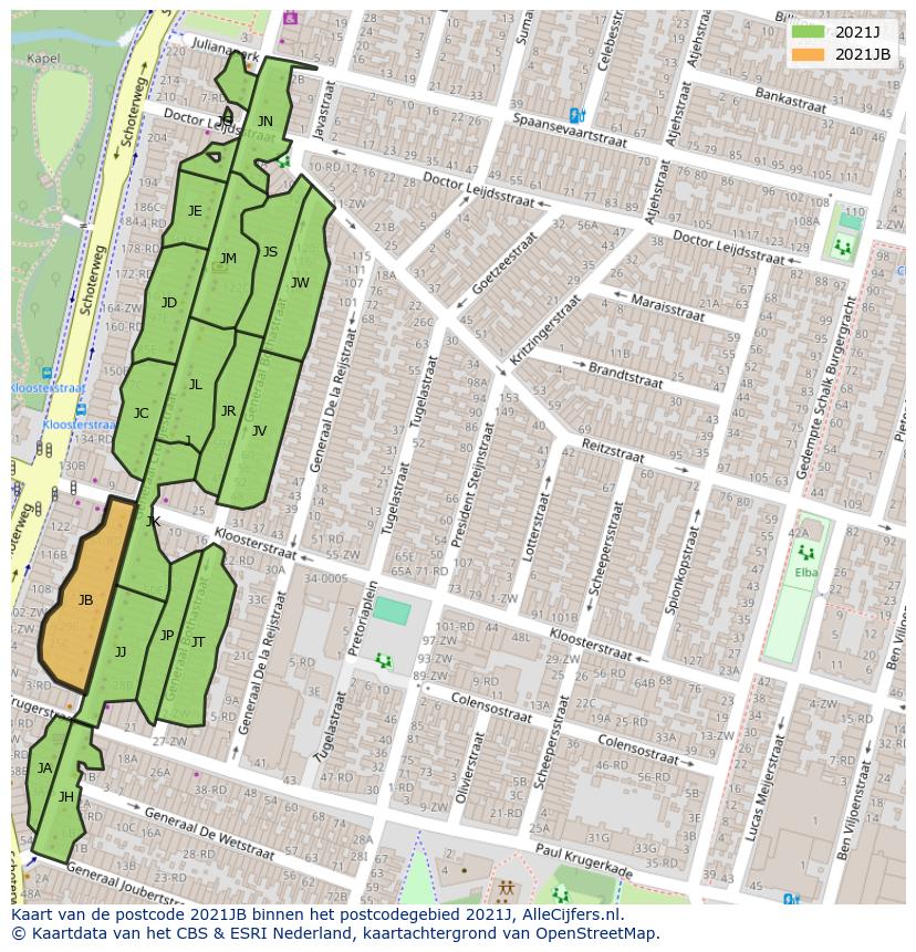 Afbeelding van het postcodegebied 2021 JB op de kaart.