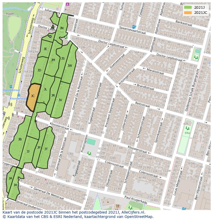 Afbeelding van het postcodegebied 2021 JC op de kaart.