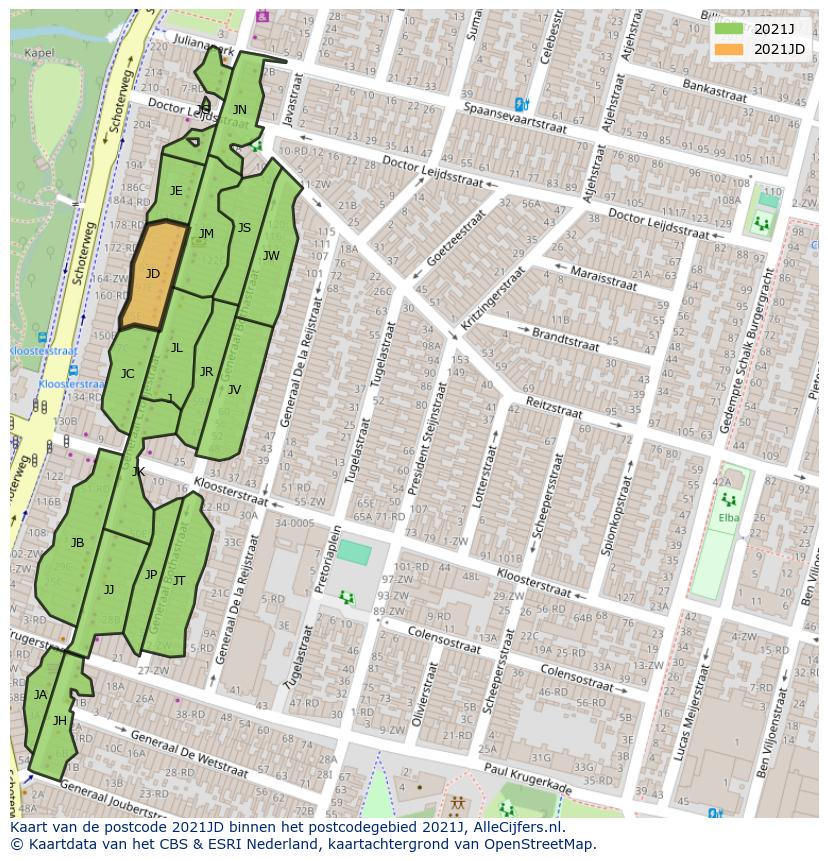 Afbeelding van het postcodegebied 2021 JD op de kaart.