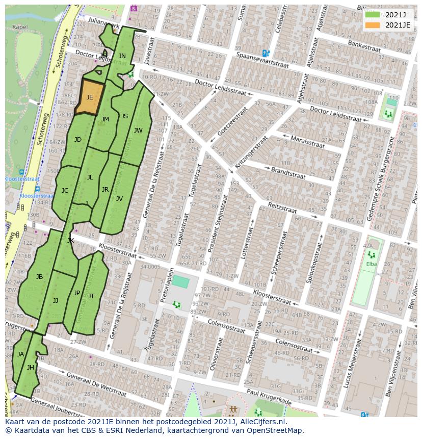 Afbeelding van het postcodegebied 2021 JE op de kaart.
