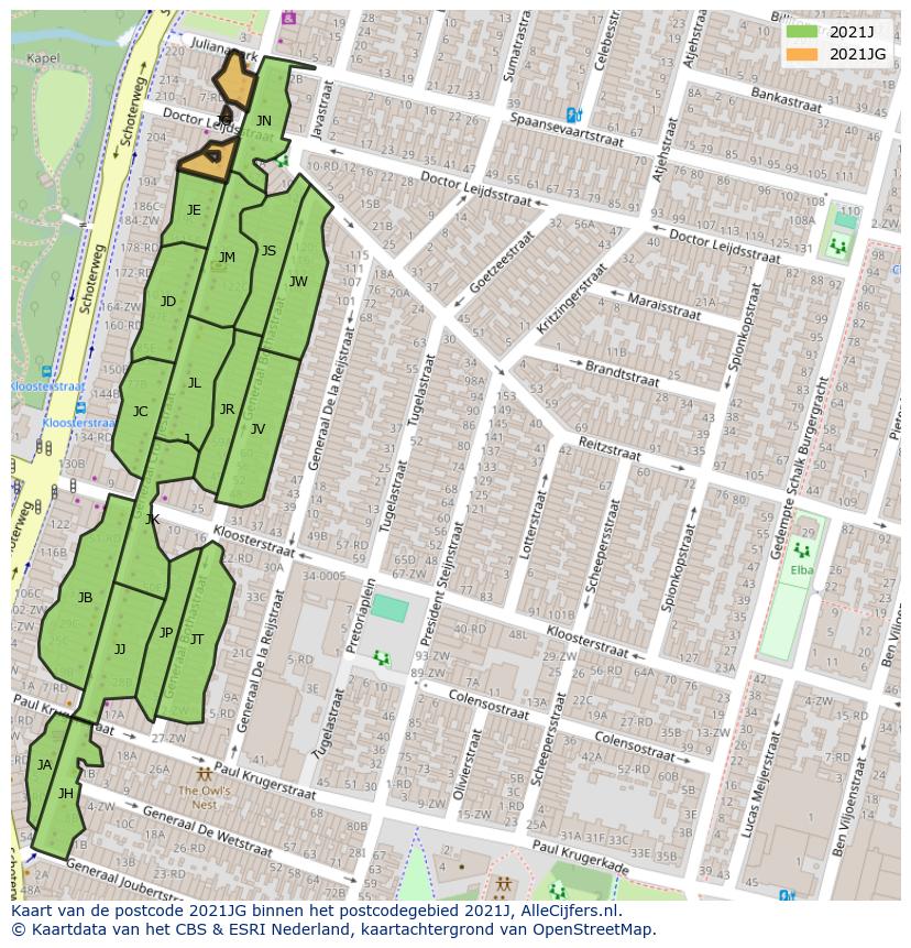 Afbeelding van het postcodegebied 2021 JG op de kaart.