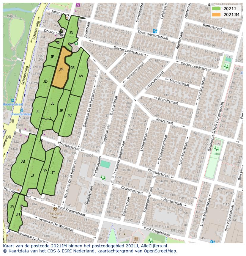 Afbeelding van het postcodegebied 2021 JM op de kaart.