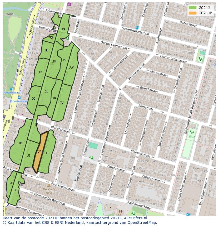 Afbeelding van het postcodegebied 2021 JP op de kaart.