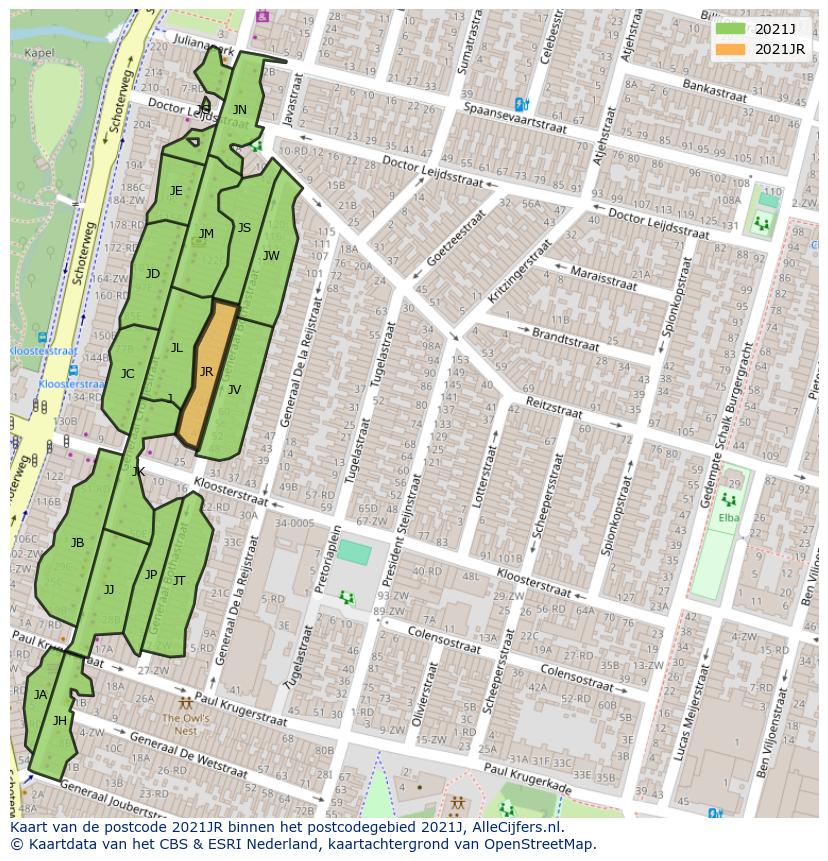 Afbeelding van het postcodegebied 2021 JR op de kaart.