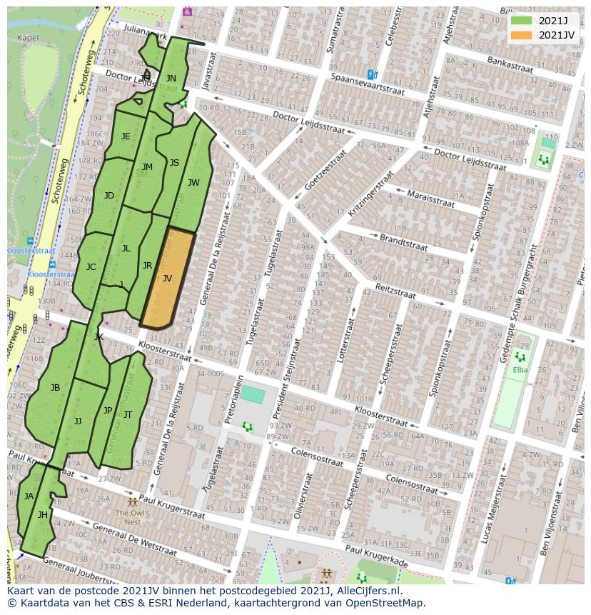 Afbeelding van het postcodegebied 2021 JV op de kaart.