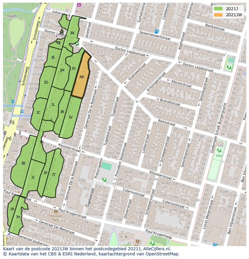 Afbeelding van het postcodegebied 2021 JW op de kaart.