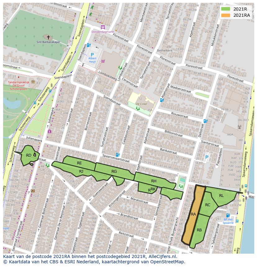Afbeelding van het postcodegebied 2021 RA op de kaart.