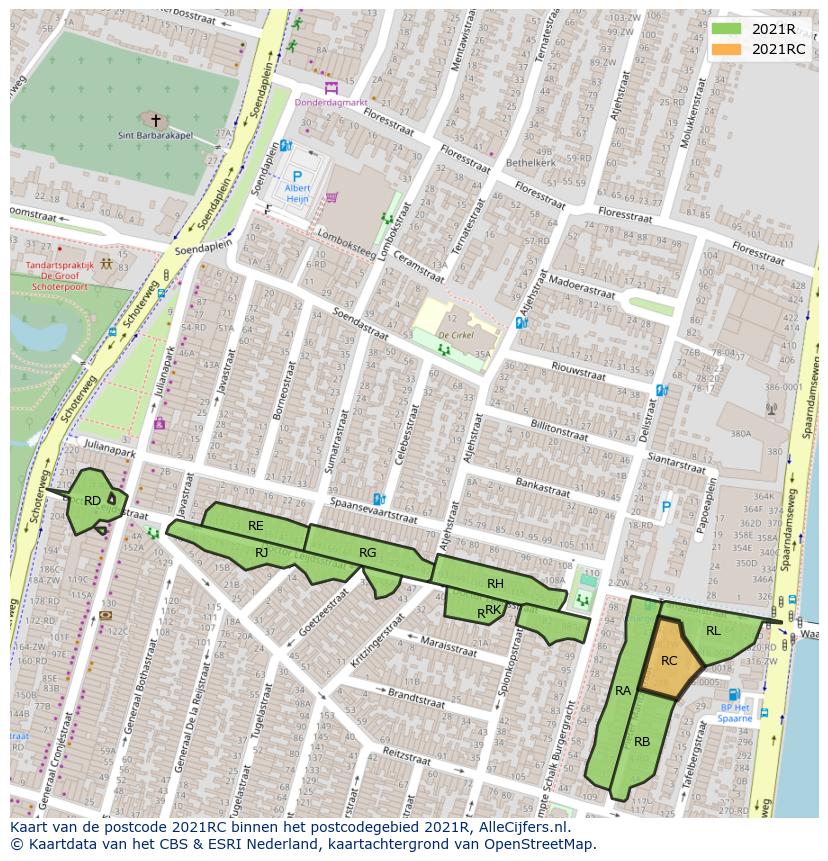 Afbeelding van het postcodegebied 2021 RC op de kaart.
