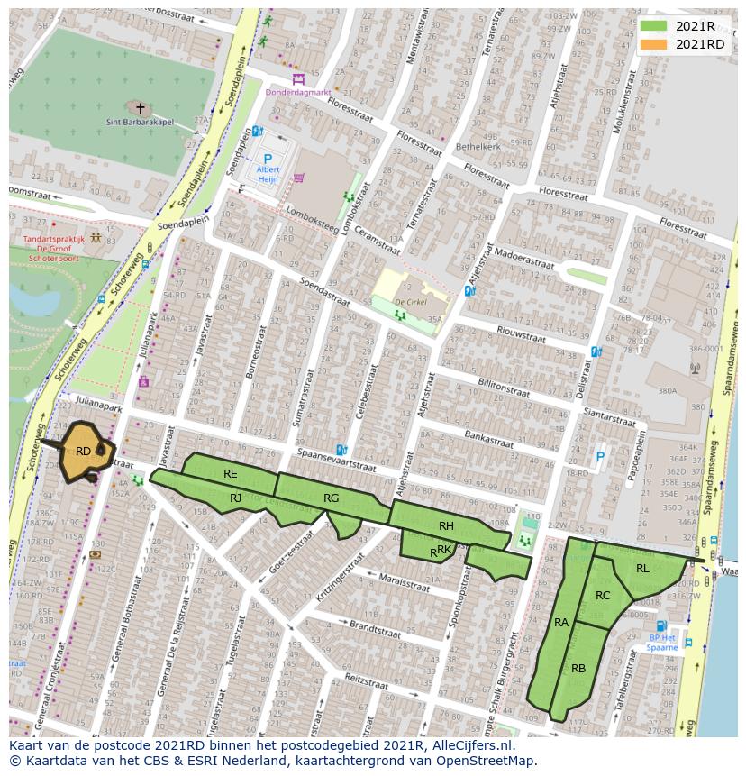 Afbeelding van het postcodegebied 2021 RD op de kaart.