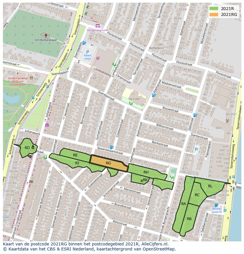 Afbeelding van het postcodegebied 2021 RG op de kaart.