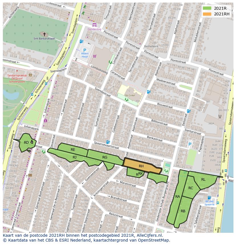 Afbeelding van het postcodegebied 2021 RH op de kaart.